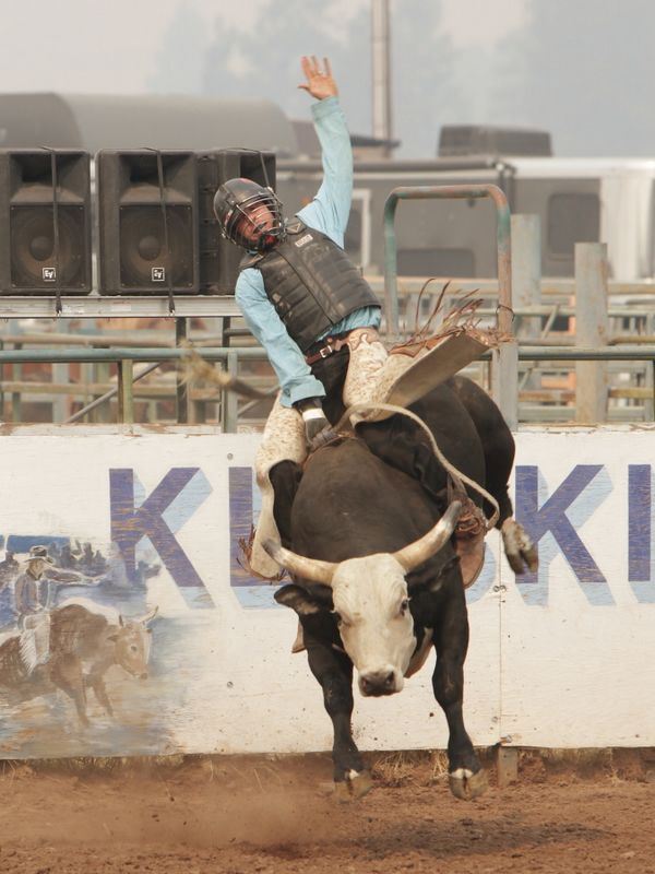 A man rides a bucking bull at the 2015 Klickitat County Fair Rodeo.