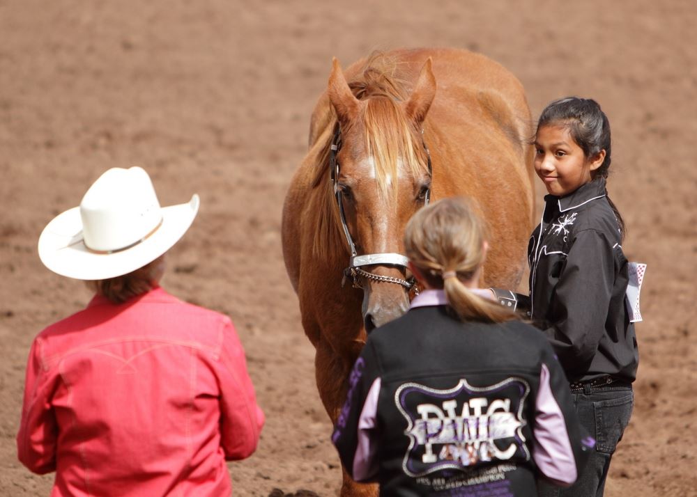 A girl stand next to her horse in the arena at the 2014 Klickitat County Fair.