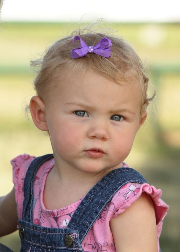 A baby girl with a purple bow in her hair attends the 2014 Klickitat County Fair.