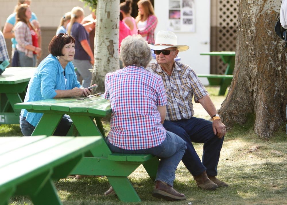A group of people sit and talk together at a picnic table.