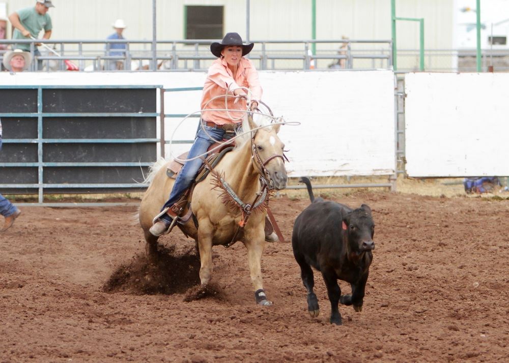 A woman throws a lasso toward a running calf at the 2014 Klickitat County Fair Rodeo.