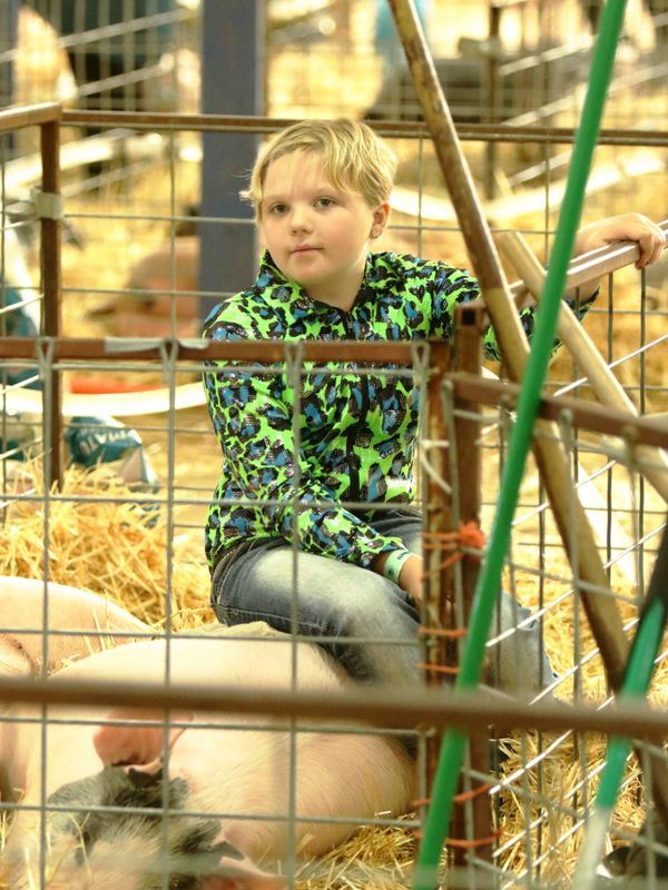 Girl takes a break to sit on her sleeping pig during the 2015 Klickitat County Fair.