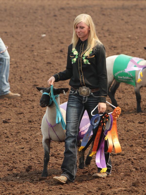 A young woman walks next to her award winning sheep.