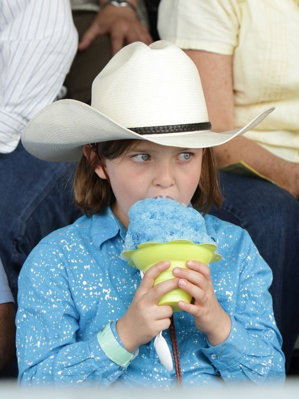A little girl works on eating a very large snow cone.